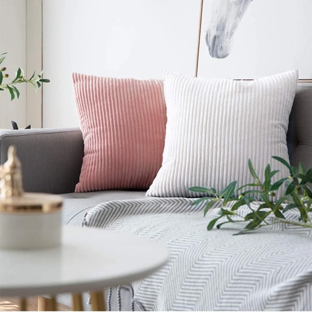 Luxury Home | Elegant Bright White Soft Corduroy Striped Throw Pillow Covers